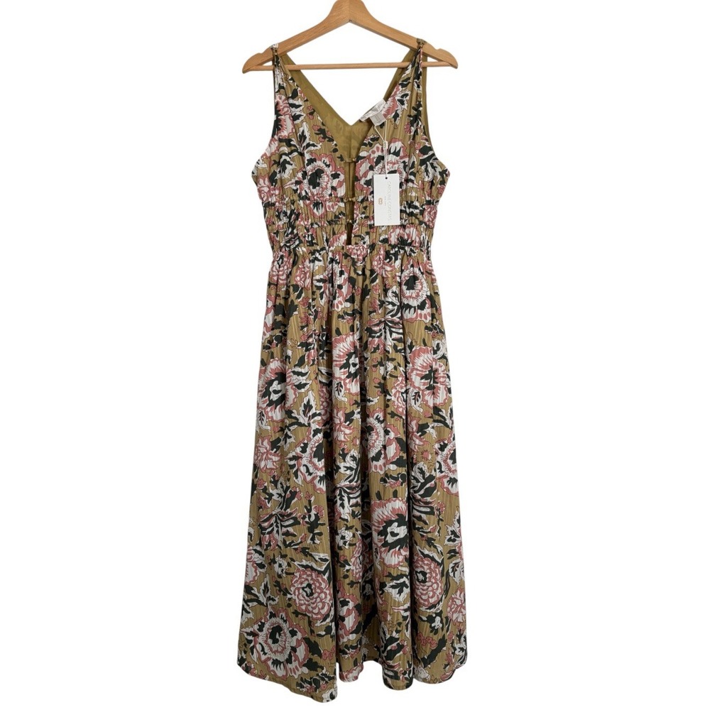Caroline Constas Floral V-neck Cut-Out Strappy Midi Dress Smocked Cotton Modal M